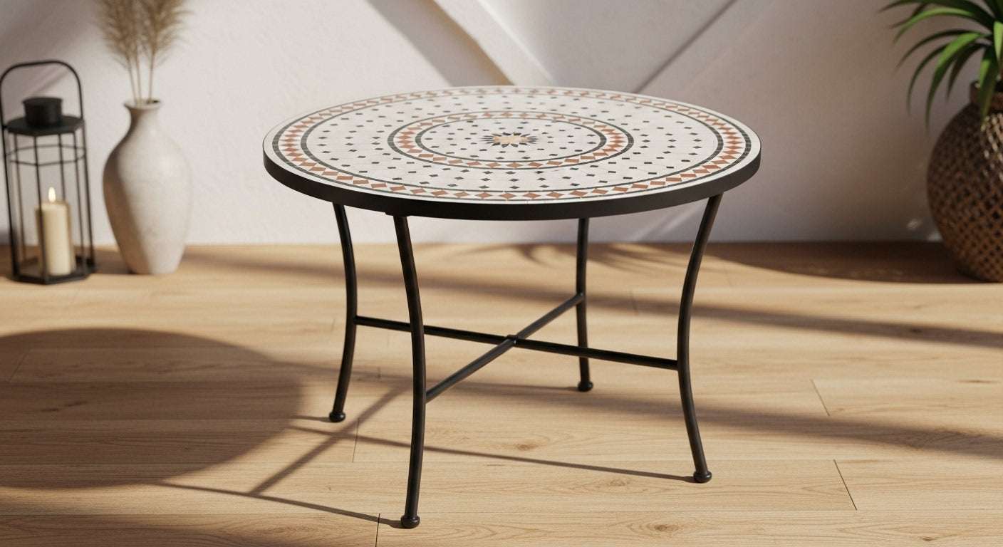 Round Moroccan Mosaic Tile Table – Black Metal Base