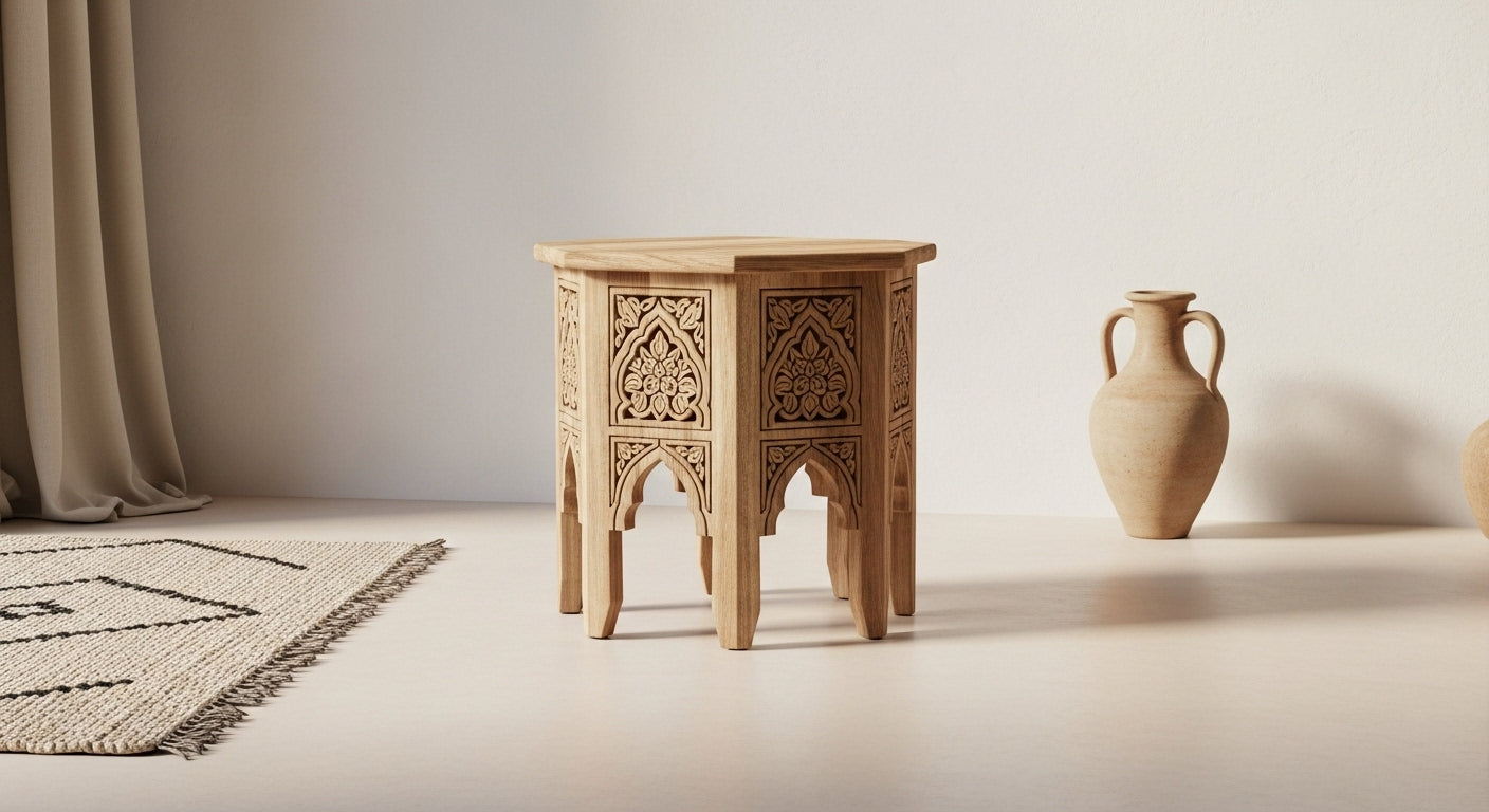 Moroccan Hand-Carved Wooden Side Table – Octagonal Moorish Design