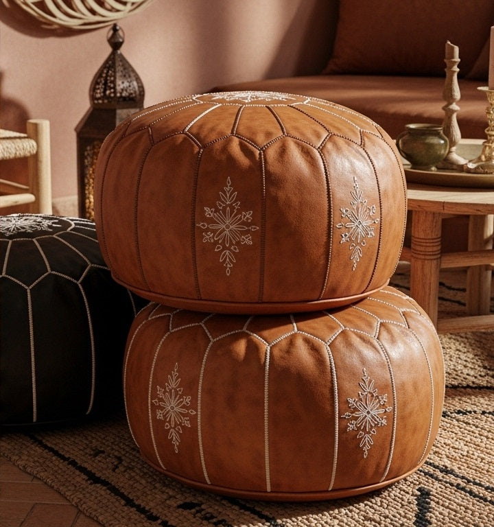 Handcrafted Moroccan Leather Pouf – Traditional Embroidered Ottoman (Camel Tan)