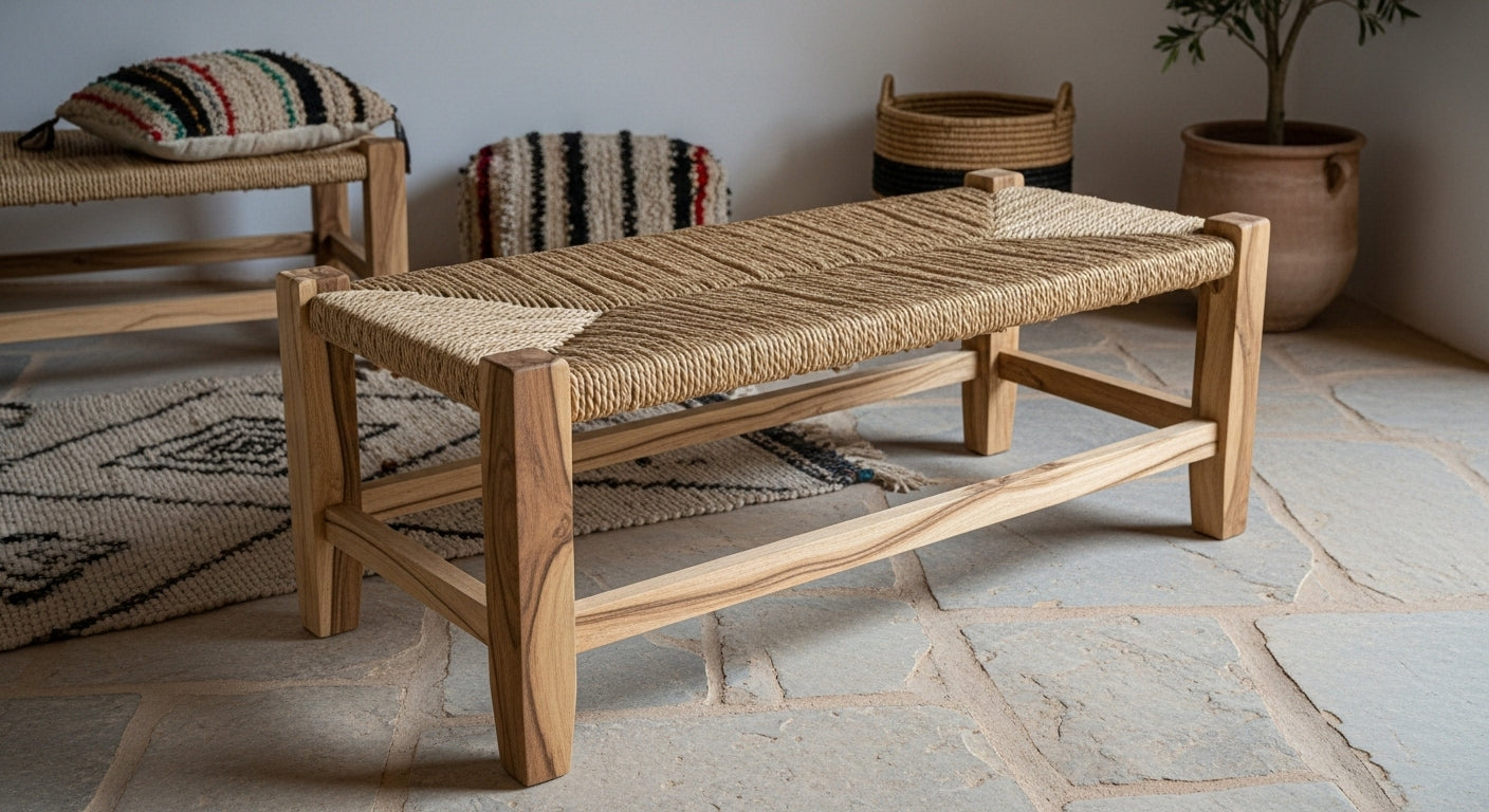 Handcrafted Moroccan Wooden Bench with Woven Palm Leaf Seat – Rustic Artisan Seating