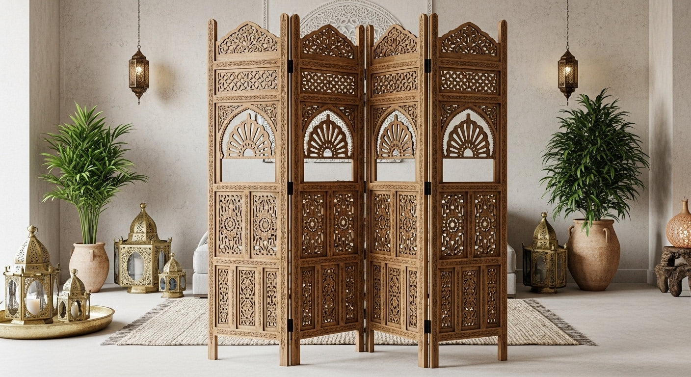 Hand-Carved Moroccan Wooden Room Divider – 4 Panel Privacy Screen