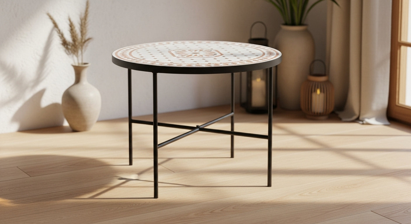 Round Moroccan Mosaic Tile Table – Black Metal Base