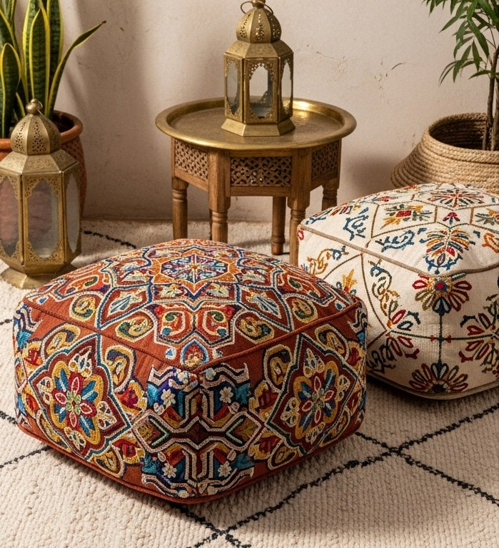 Handmade Moroccan Embroidered Pouf – Bohemian Home Decor