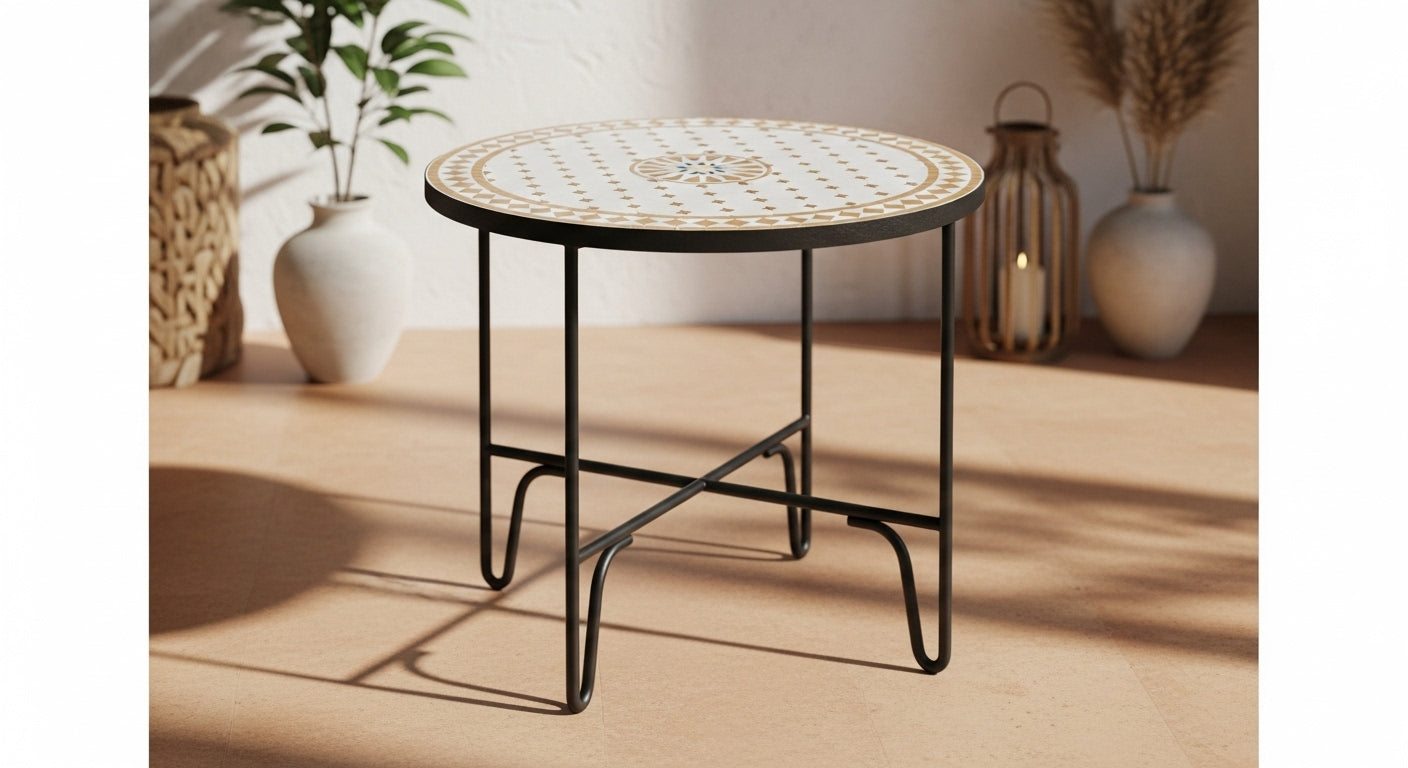 Round Moroccan Mosaic Tile Table – Black Metal Base