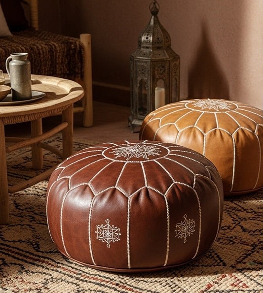 Handcrafted Moroccan Leather Pouf – Traditional Embroidered Ottoman (Deep Brown)