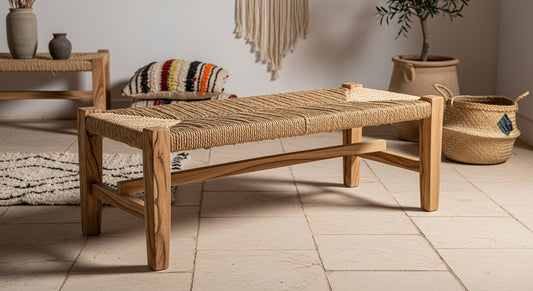 Handcrafted Moroccan Wooden Bench with Woven Palm Leaf Seat – Rustic Artisan Seating