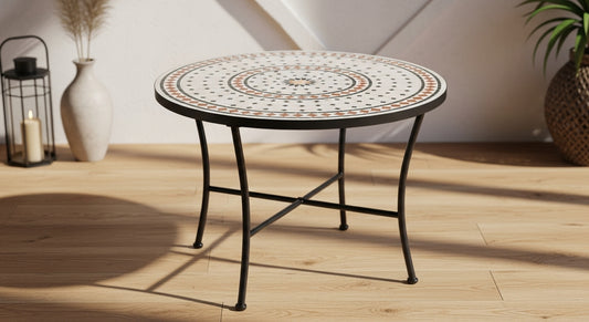 Round Moroccan Mosaic Tile Table – Black Metal Base