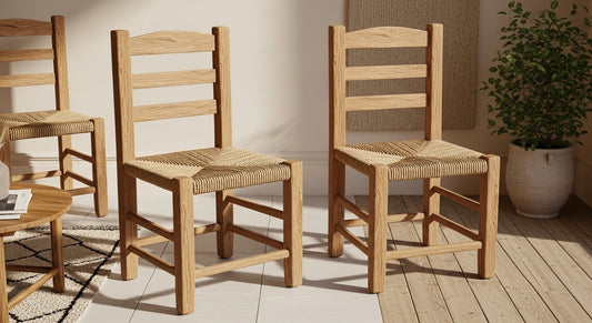 Handcrafted Moroccan Wooden Straw Chair with Woven Palm Leaf Seat – Rustic Natural Oak Dining Chair