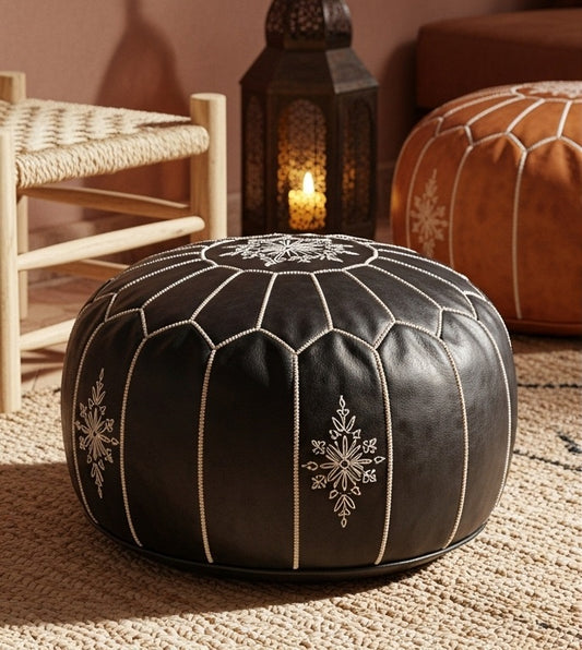 Handcrafted Moroccan Leather Pouf – Traditional Embroidered Ottoman (Black)
