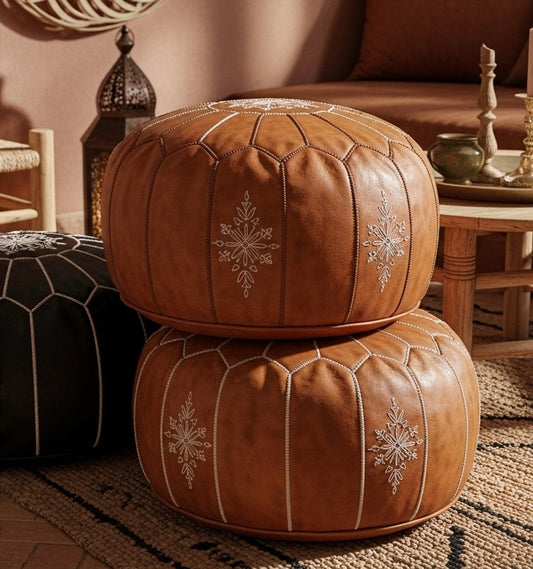 Handcrafted Moroccan Leather Pouf – Traditional Embroidered Ottoman (Camel Tan)