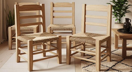 Handcrafted Moroccan Wooden Straw Chair with Woven Palm Leaf Seat – Rustic Natural Oak Dining Chair