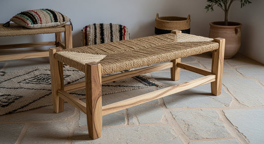Handcrafted Moroccan Wooden Bench with Woven Palm Leaf Seat – Rustic Artisan Seating