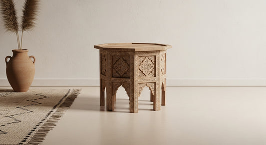 Moroccan Hand-Carved Wooden Side Table – Octagonal Moorish Design