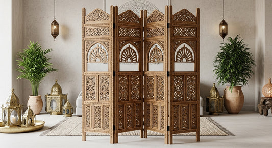 Hand-Carved Moroccan Wooden Room Divider – 4 Panel Privacy Screen