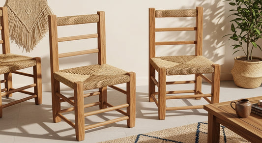 Handcrafted Moroccan Wooden Straw Chair with Woven Palm Leaf Seat – Rustic Natural Oak Dining Chair