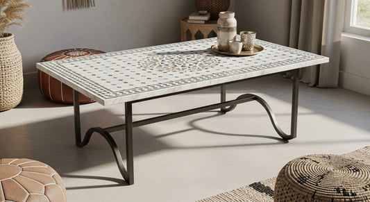 Rectangular Moroccan Marble Mosaic Tile Coffee Table – Curved Iron Legs