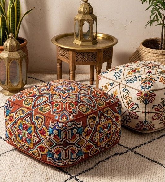 Handmade Moroccan Embroidered Pouf – Bohemian Home Decor