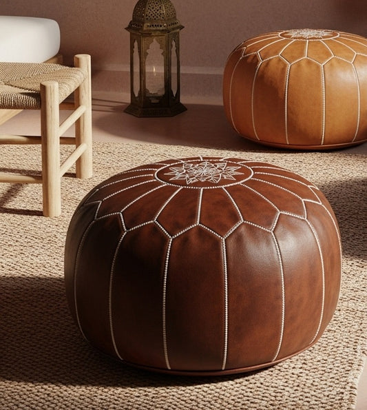 Handcrafted Moroccan Leather Pouf – Traditional Embroidered Ottoman (Deep Brown)