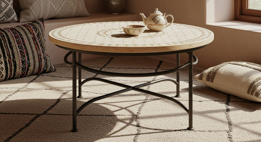 Round Moroccan Marble Mosaic Tile Dining Table – Terracotta & Cream Pattern