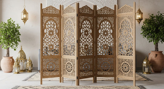Hand-Carved Moroccan Wooden Room Divider – 5 Panel Privacy Screen