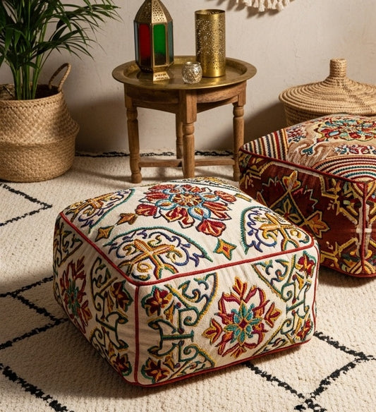 Handmade Moroccan Embroidered Pouf – Bohemian Home Decor