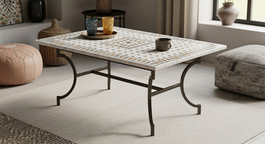 Rectangular Moroccan Marble Mosaic Tile Coffee Table – Curved Iron Legs