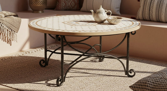 Round Moroccan Marble Mosaic Tile Dining Table – Terracotta & Cream Pattern