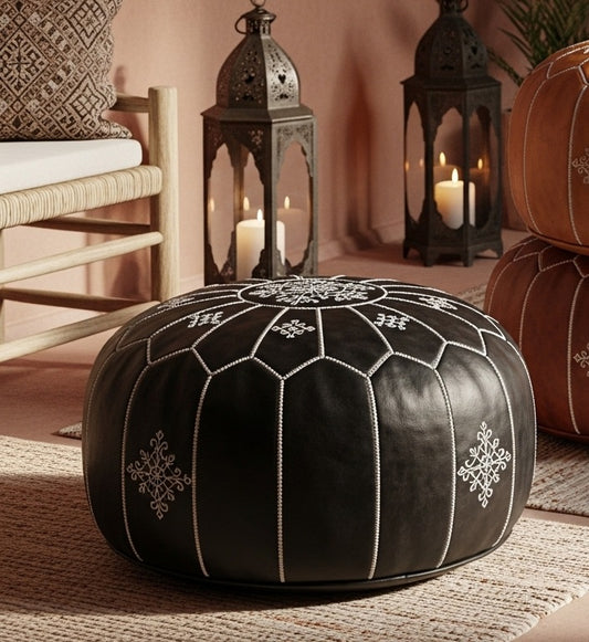 Handcrafted Moroccan Leather Pouf – Traditional Embroidered Ottoman (Black)