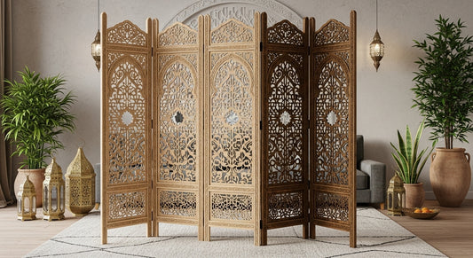 Hand-Carved Moroccan Wooden Room Divider – 5 Panel Privacy Screen
