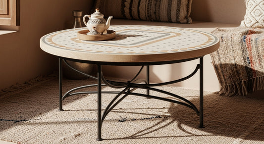 Round Moroccan Marble Mosaic Tile Dining Table – Terracotta & Cream Pattern