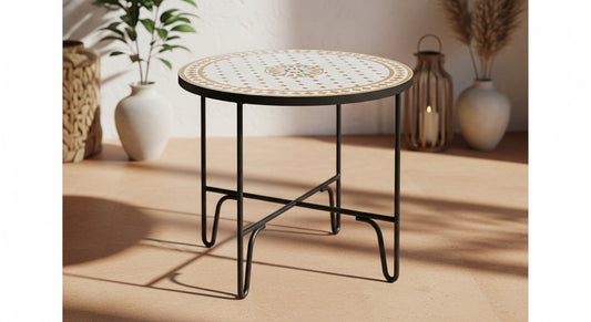 Round Moroccan Mosaic Tile Table – Black Metal Base