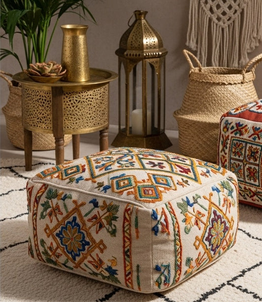 Handmade Moroccan Embroidered Pouf – Bohemian Home Decor