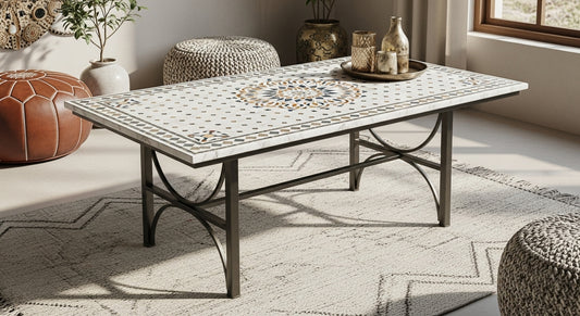 Rectangular Moroccan Marble Mosaic Tile Coffee Table – Curved Iron Legs
