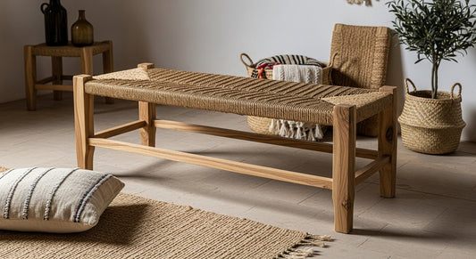 Handcrafted Moroccan Wooden Bench with Woven Palm Leaf Seat – Rustic Artisan Seating