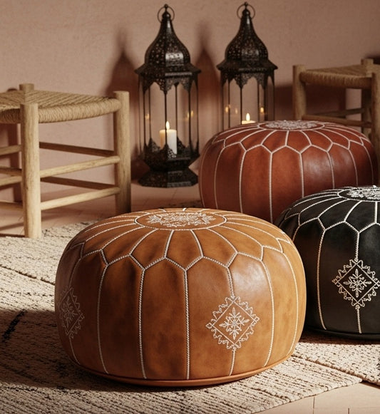Handcrafted Moroccan Leather Pouf – Traditional Embroidered Ottoman (Camel Tan)